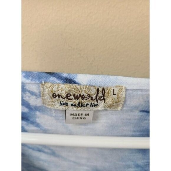 One World Womens Top Large Blue Red Tie Dye Lace Accent Short Sleeve Americana - Picture 6 of 8